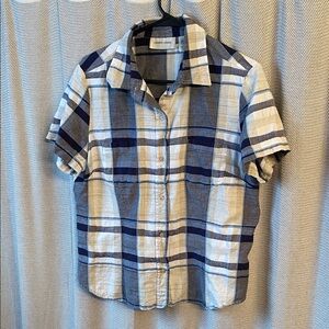 Lemon Grass Blue , Tan & White Plaid Button-Down Shirt